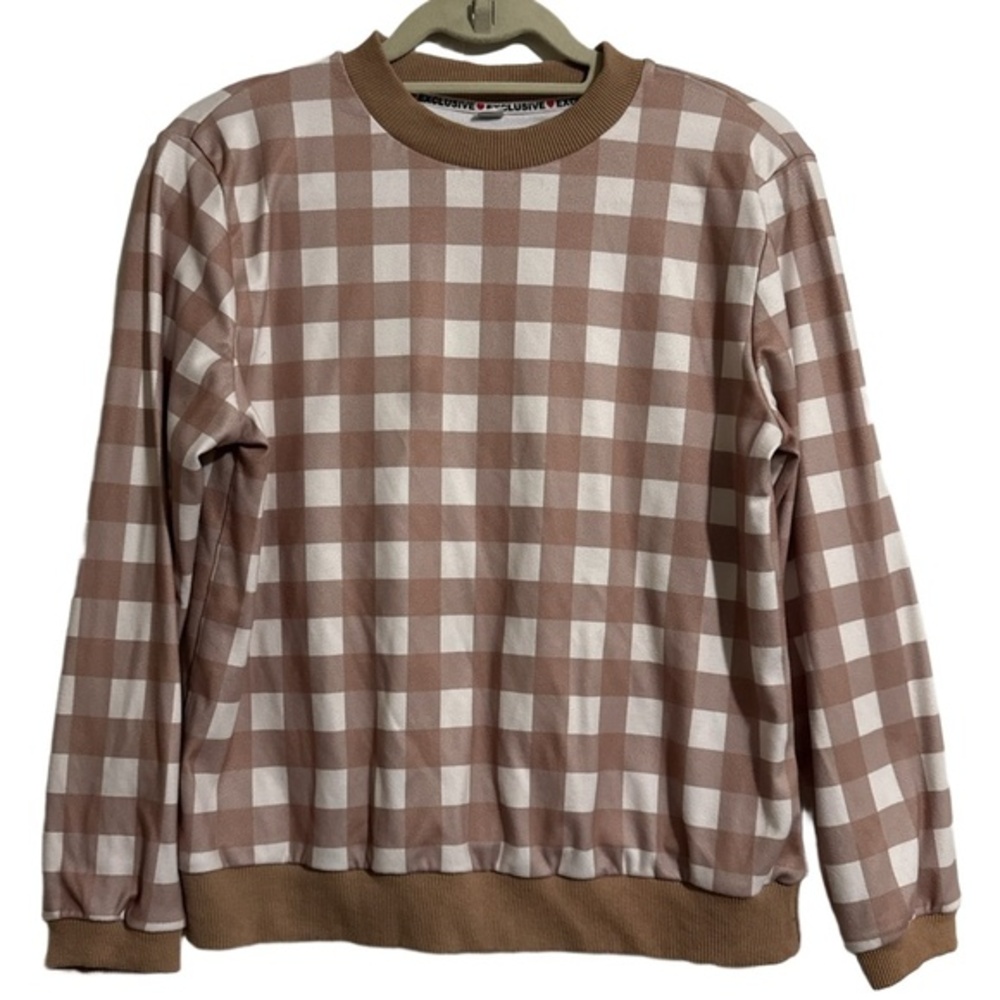 EXCLUSIVE Sweatshirt Womens M Brown White Plaid Crewneck Gingham Ribbed Cozy